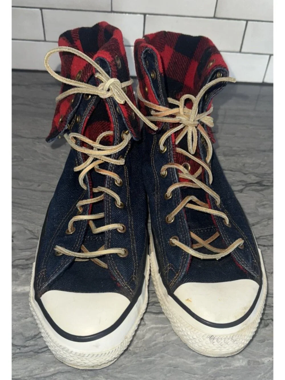 Converse Mens 9.5 Vintage NeeHi Tall High USA Made Denim Fold Over Plaid Sneaker - Picture 4 of 10